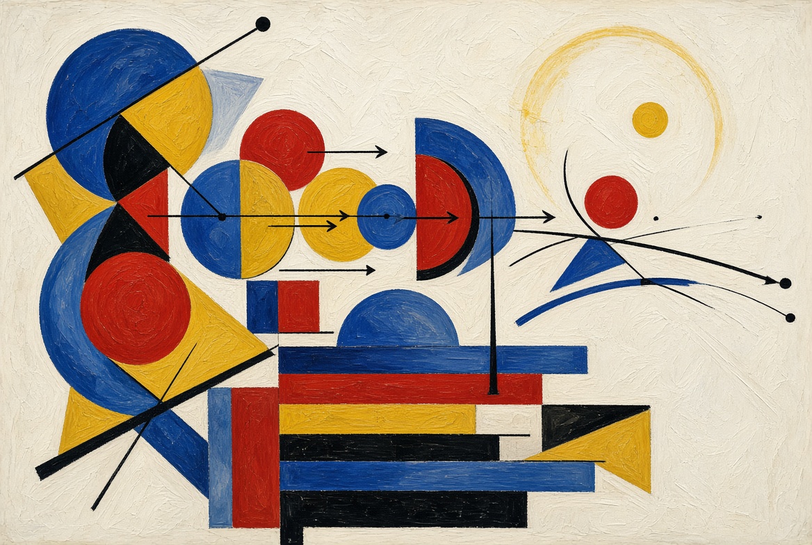Composition abstraite de style constructiviste : cercles, bandes et flèches bleus, rouges et jaunes qui convergent vers un point, illustration de l'article sur l'audit de sécurité AWS
