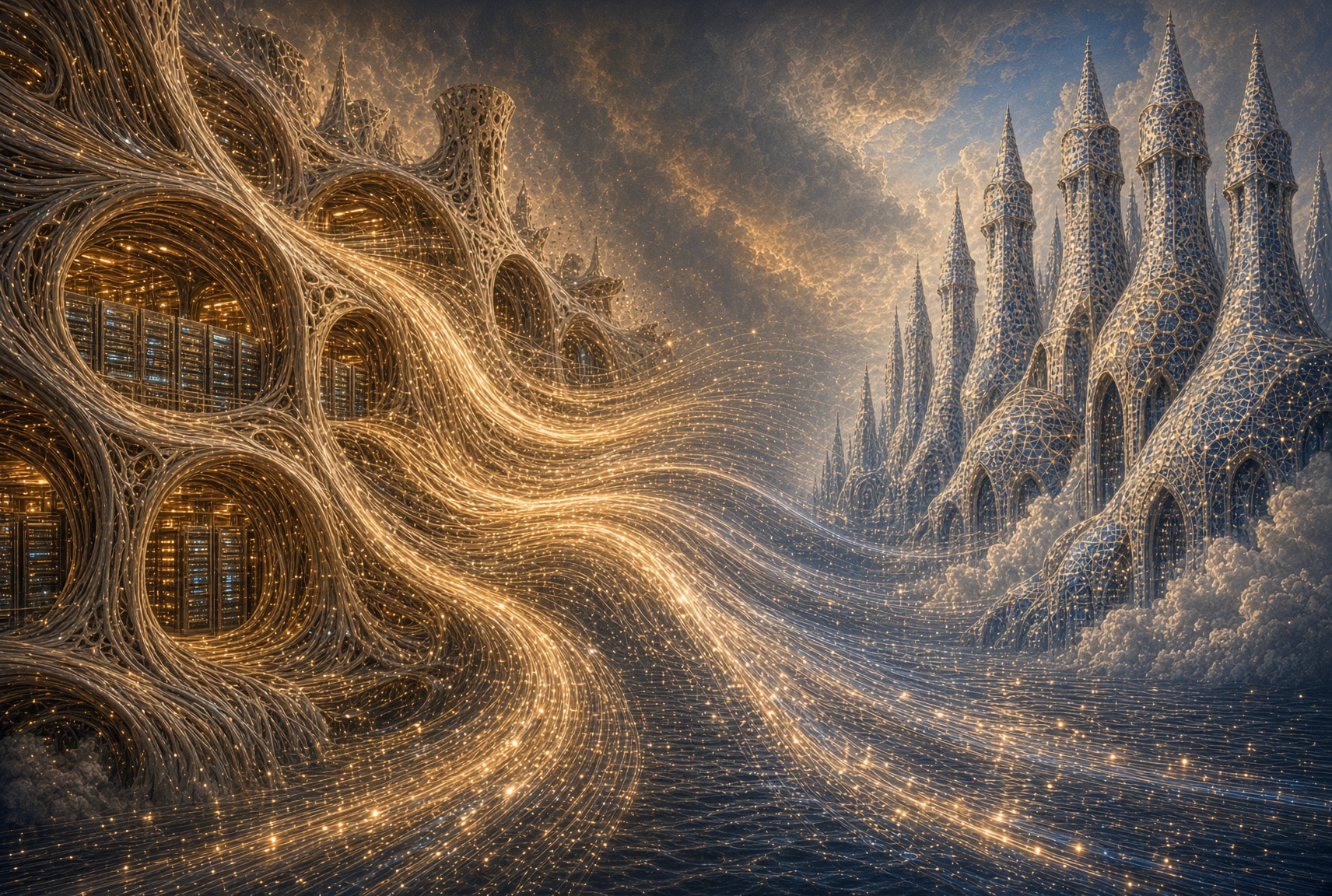 Illustration: glowing data streams flow from a golden server infrastructure towards a city of blue towers, depicting a migration to a European cloud