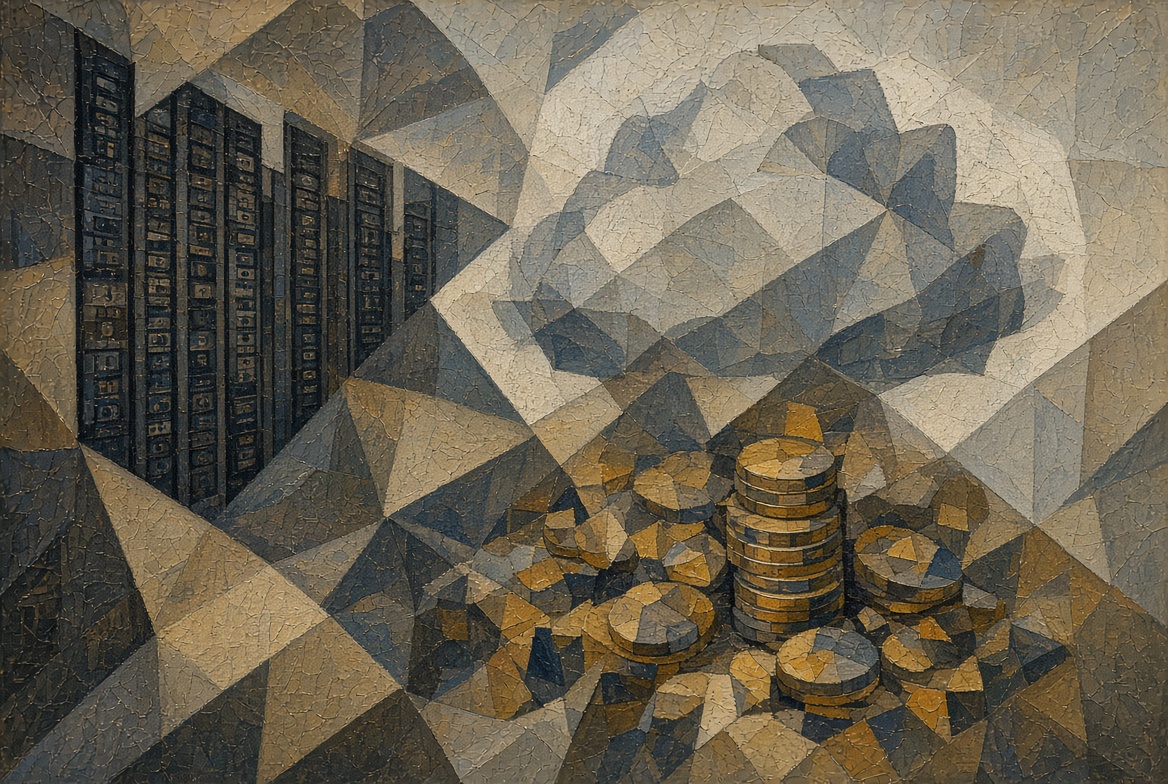 Cubist-style illustration: server racks, a cloud and stacks of coins, depicting the cost of cloud infrastructure