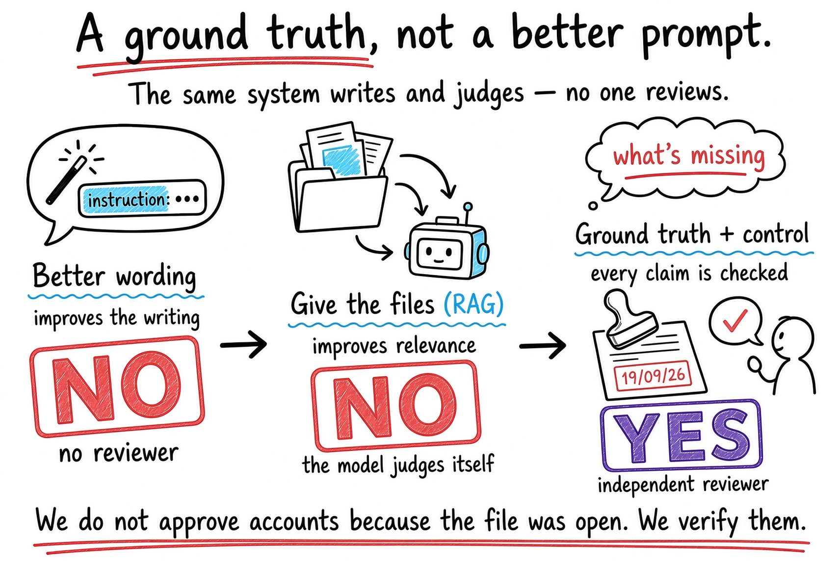 Diagram: a ground truth, not a better prompt. The same system writes and judges, no one reviews. Better wording improves the writing: no reviewer. Giving the files to the model (RAG) improves relevance: the model judges itself. Ground truth and control: every claim is checked, independent reviewer. We do not approve accounts because the file was open. We verify them.