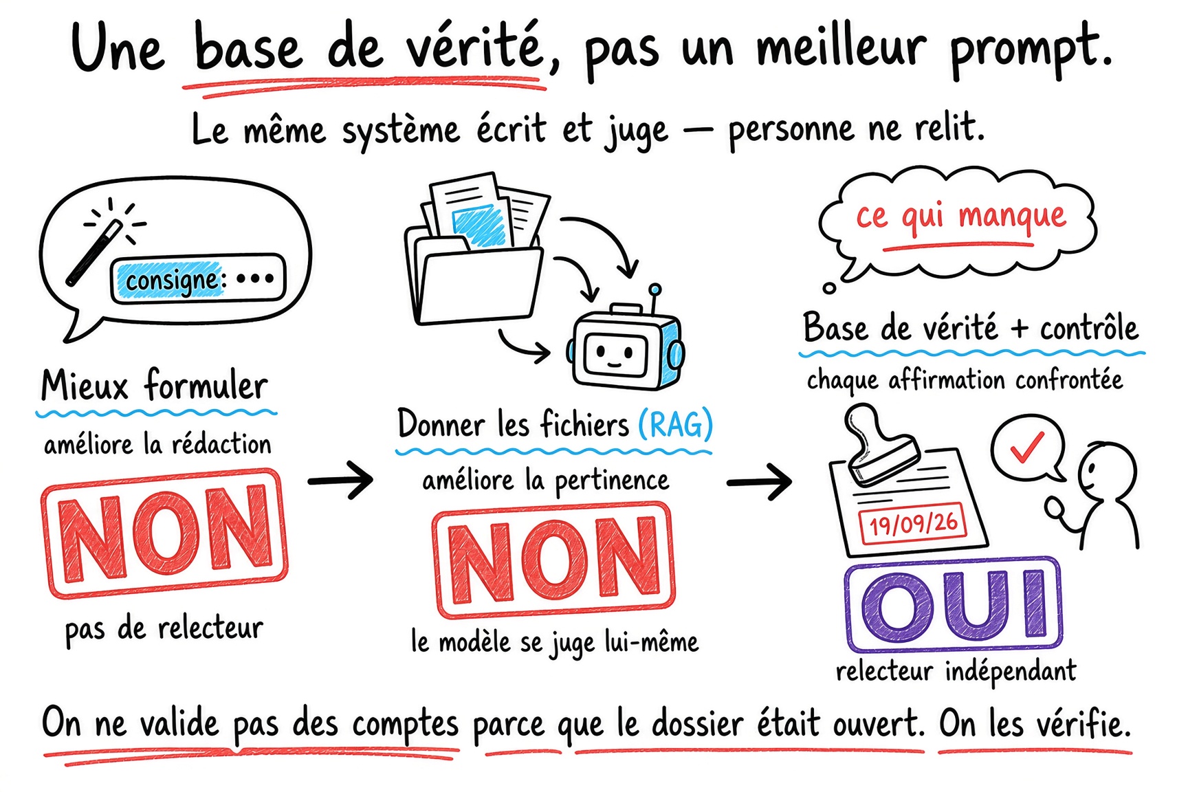 Schéma : une base de vérité, pas un meilleur prompt. Le même système écrit et juge, personne ne relit. Mieux formuler améliore la rédaction : pas de relecteur. Donner les fichiers au modèle (RAG) améliore la pertinence : le modèle se juge lui-même. Base de vérité et contrôle : chaque affirmation est confrontée, relecteur indépendant. On ne valide pas des comptes parce que le dossier était ouvert, on les vérifie.