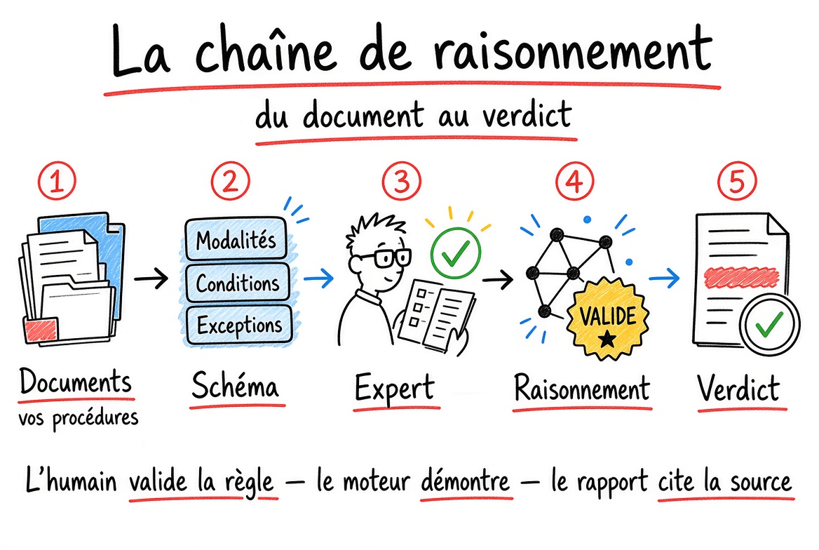 Schéma : la chaîne de raisonnement, du document au verdict. Vos procédures, le schéma des règles (modalités, conditions, exceptions), la validation par l’expert, le raisonnement, le verdict. L’humain valide la règle, le moteur démontre, le rapport cite la source.