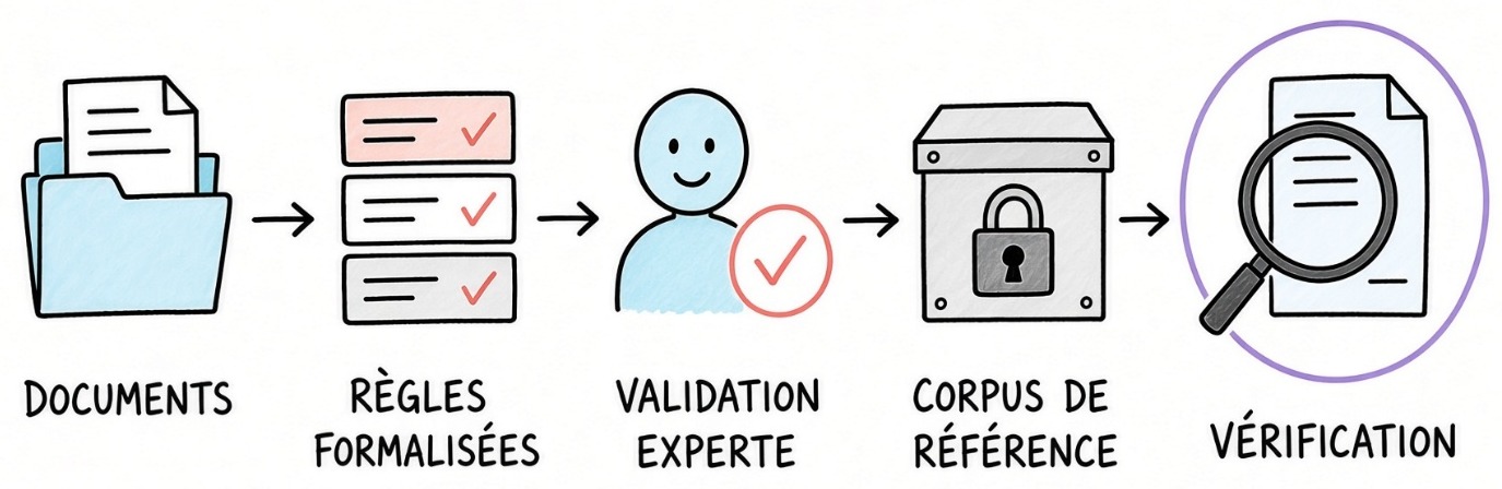 Schéma des cinq étapes : documents, règles formalisées, validation experte, corpus de référence et vérification.