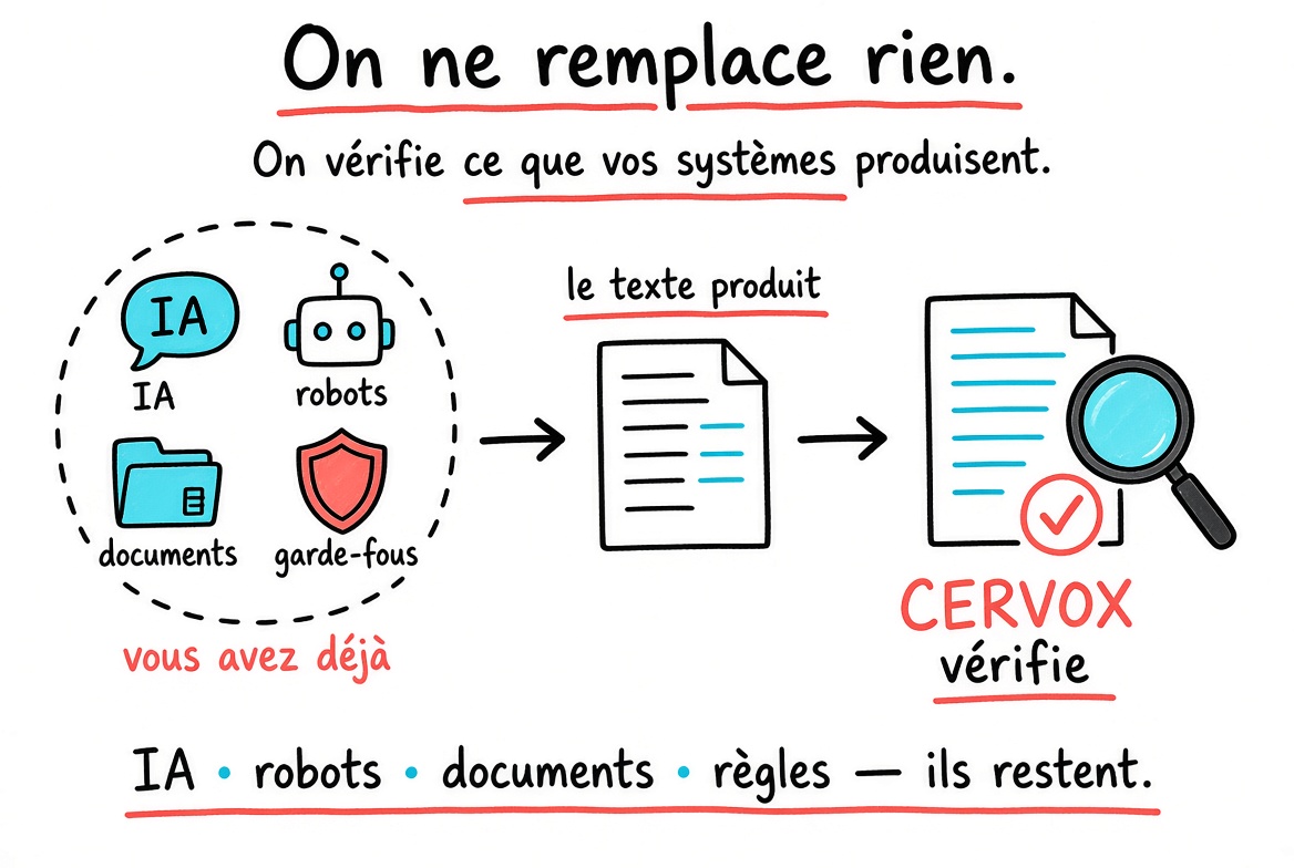 Schéma : on ne remplace rien, on vérifie ce que vos systèmes produisent. Votre IA, vos robots, vos documents et vos garde-fous restent en place ; CERVOX vérifie le texte qu’ils produisent.