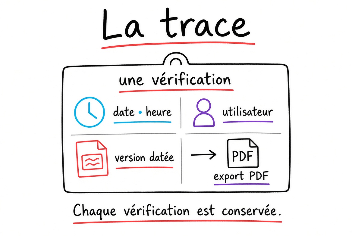 Schéma : la trace. Une vérification conserve la date et l’heure, l’utilisateur, la version datée du document, et s’exporte en PDF. Chaque vérification est conservée.