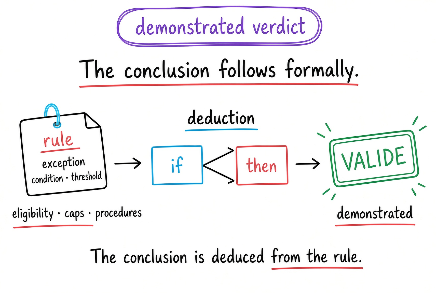 Diagram: demonstrated verdict. The conclusion follows formally from a rule (exception, condition, threshold) by deduction: if… then… The conclusion is deduced from the rule.