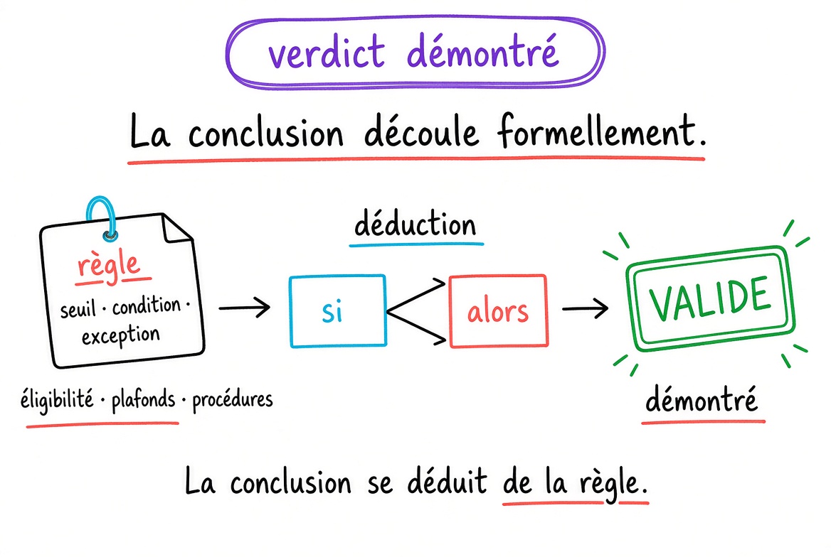 Schéma : verdict démontré. La conclusion découle formellement d’une règle (seuil, condition, exception) par déduction : si… alors… La conclusion se déduit de la règle.