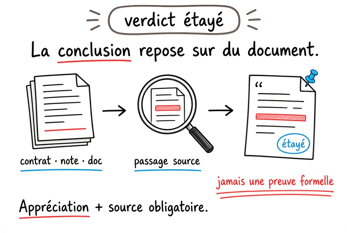 Schéma : verdict étayé. La conclusion repose sur du document (contrat, note, documentation) et cite son passage source : une appréciation avec source obligatoire, jamais une preuve formelle.