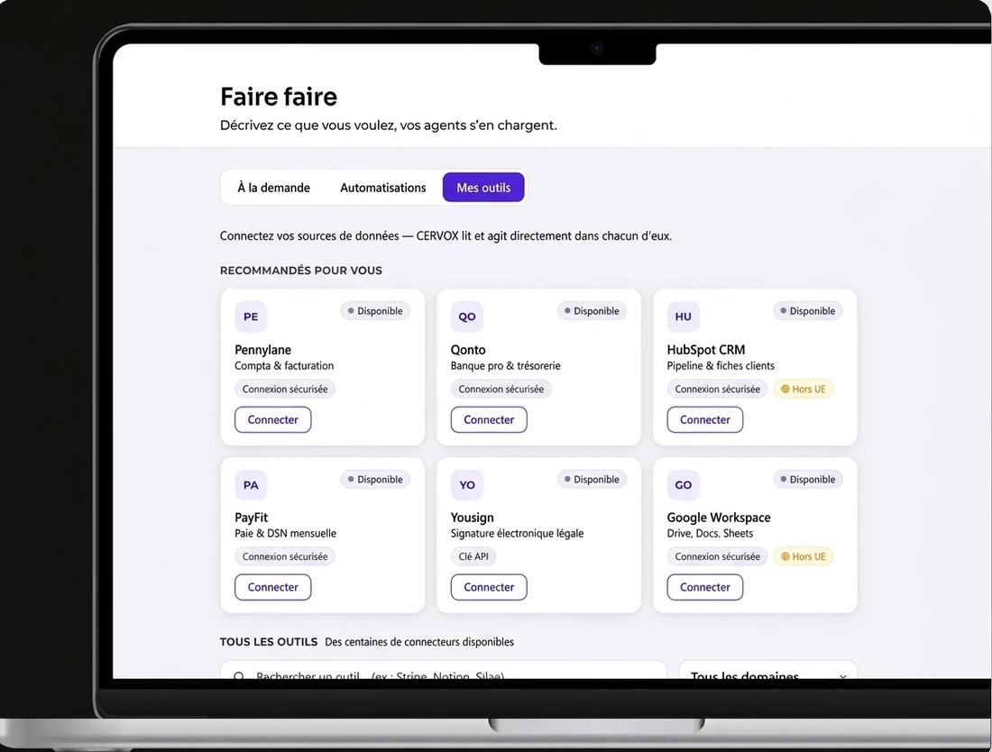 Interface CERVOX — onglet Mes outils : connecteurs vers vos logiciels (compta, banque, CRM, paie…)