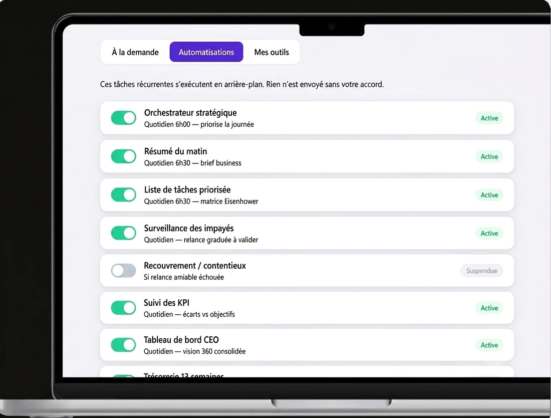 Interface CERVOX — onglet Automatisations : liste de routines activables avec interrupteurs