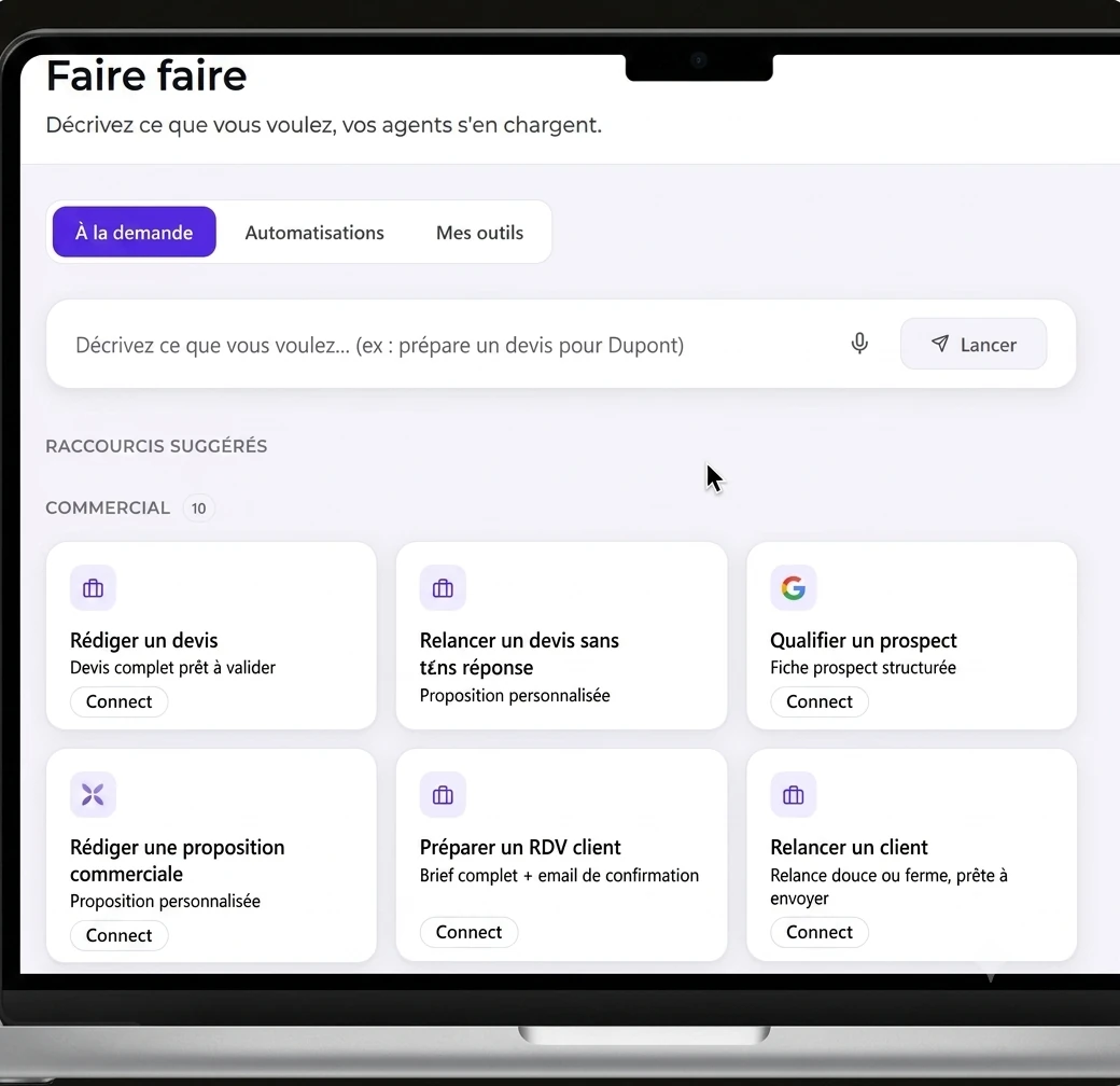 Interface CERVOX — onglet À la demande : un champ pour décrire la tâche et des raccourcis suggérés